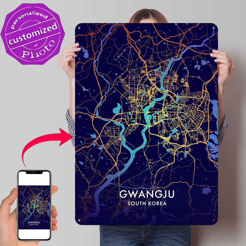 Custom Map Poster - 光州市地図3Dテクスチャメタルポスター、カスタムウォールアート、ブリキ看板、男性用ギフト、オフィス装飾、おもしろ看板、壁飾り