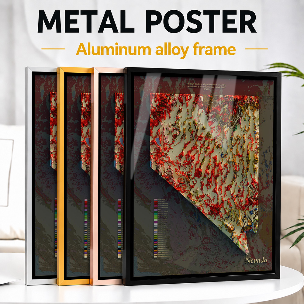 Custom Map Poster - ネバダ州地質図入りアルミ製フレームポスター、カスタマイズされた風景画の壁飾り、オフィスや旅行者への心温まる贈り物