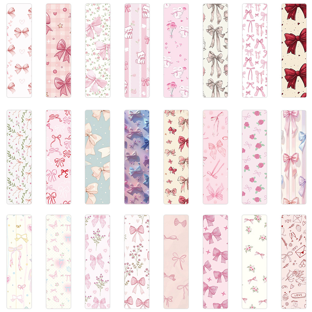 Dried Flower Bookmark - 24 ピース/セットかわいい弓型ブックマーク美的ピンクチェック柄リボンブックマークかわいい漫画文具女の子用ページマーカーギフト